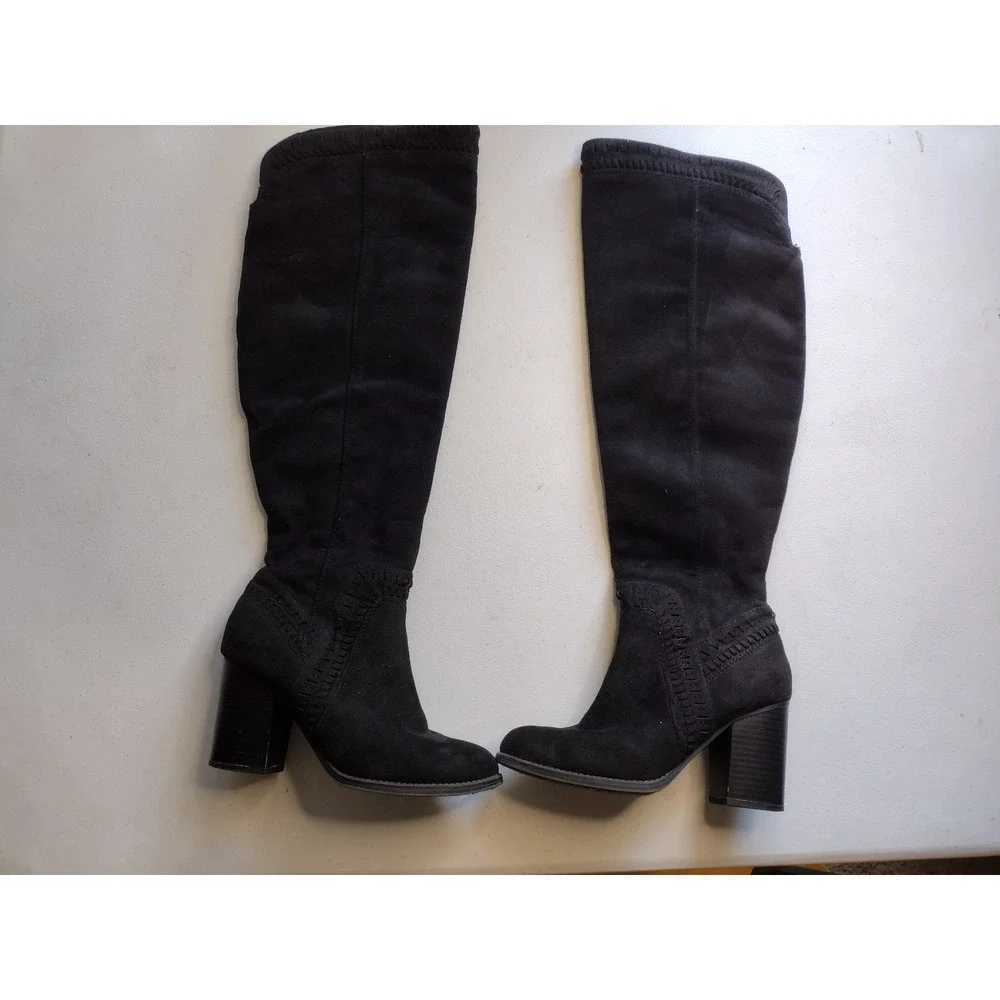 Black Suede Knee High Boots Chunky Heel Side‎ Zip Women Size 5.5
